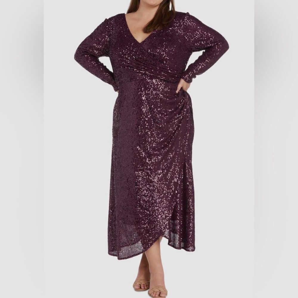 NWT Nightway Plum Burgundy Sequin Glam Wedding Formal Party Cocktail Dress 22W